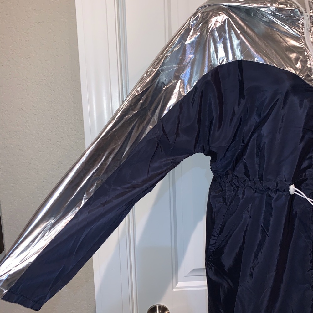 Navy & Silver Drawstring Waist Hooded Windbreaker - Picture 12 of 12
